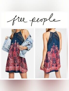 FREE PEOPLE Intimately Shea Paisley Print Sleeveless Mini Dress Blue Pink Sz XS